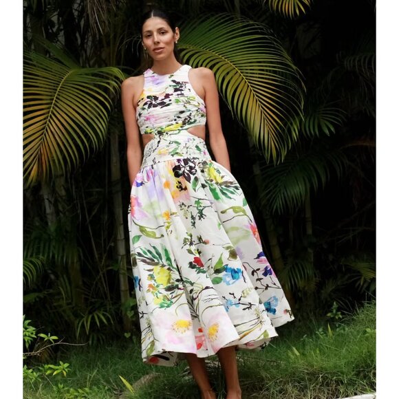 Aje Introspect Cut Out Midi Dress Womens 4 XXS White Pink Floral Sleeveless Crew - Picture 1 of 15